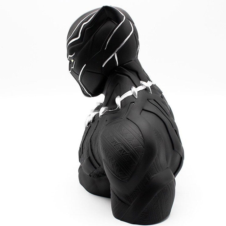 Κουμπαράς Black Panther Marvel bust, πίσω αριστερά, ανάγλυφα Wakanda μοτίβα πλάτης, ασημί νύχια