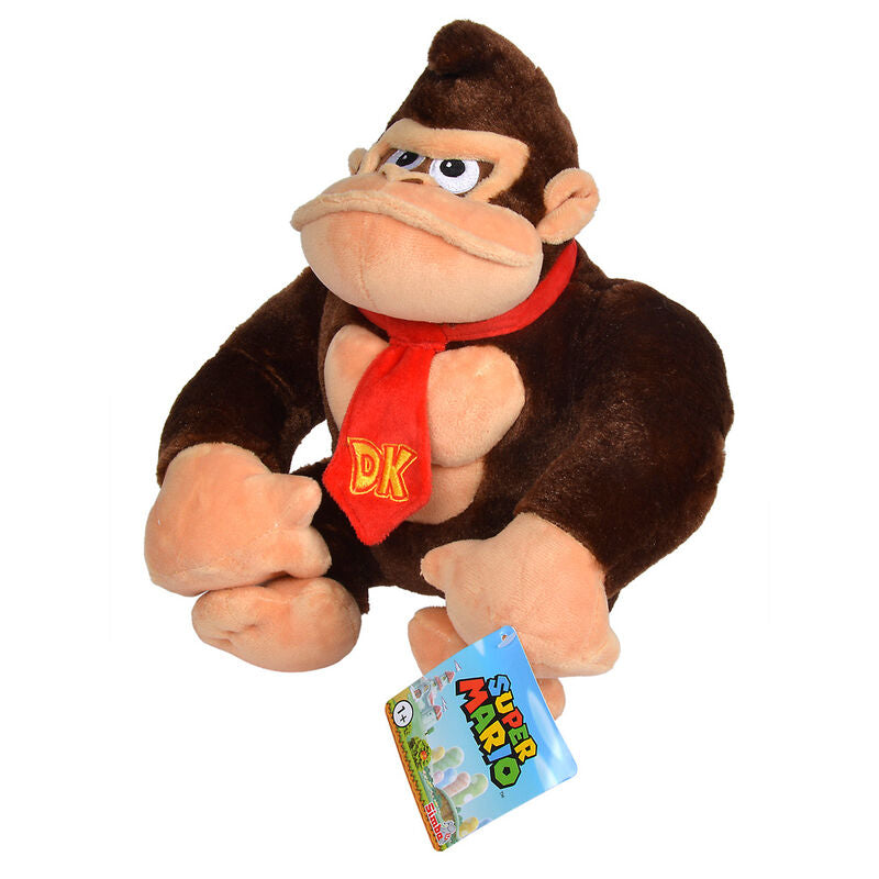  Donkey Kong λούτρινο παιχνίδι πλαϊνή όψη, σκούρο καφέ σώμα, κόκκινη γραβάτα με κίτρινο DK, Super Mario tag