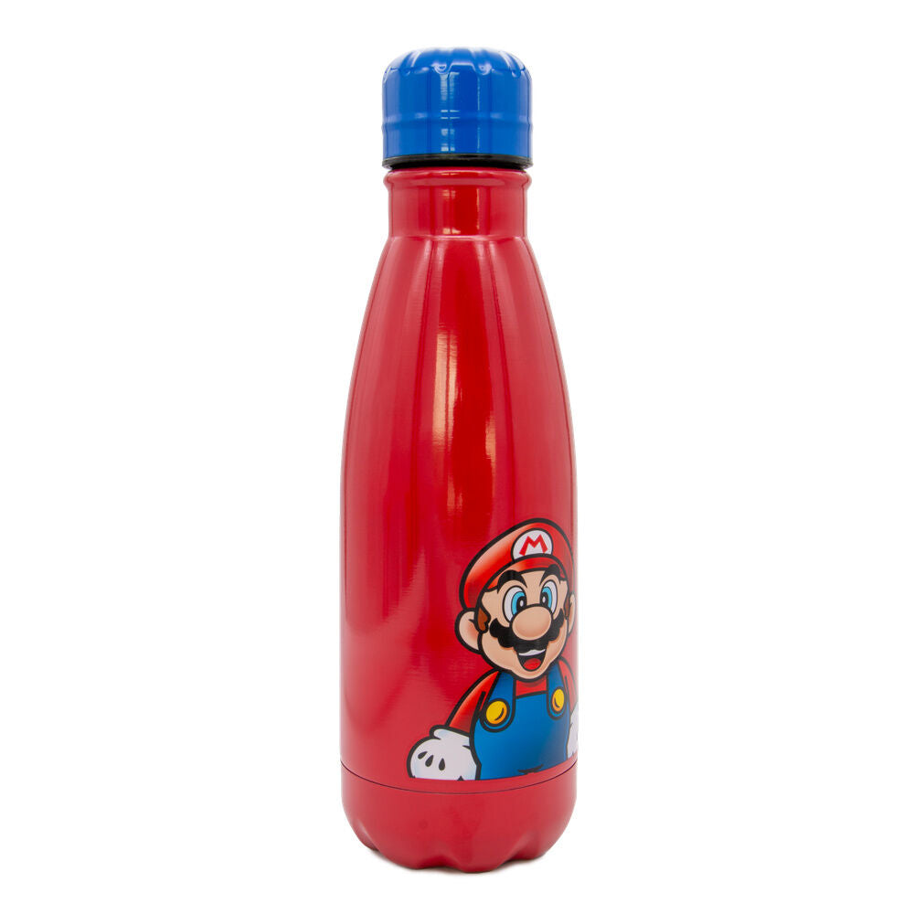 Super Mario ανοξείδωτο παγούρι πλαϊνή όψη, κόκκινο σώμα, μπλε καπάκι, Mario μικρός κάτω δεξιά