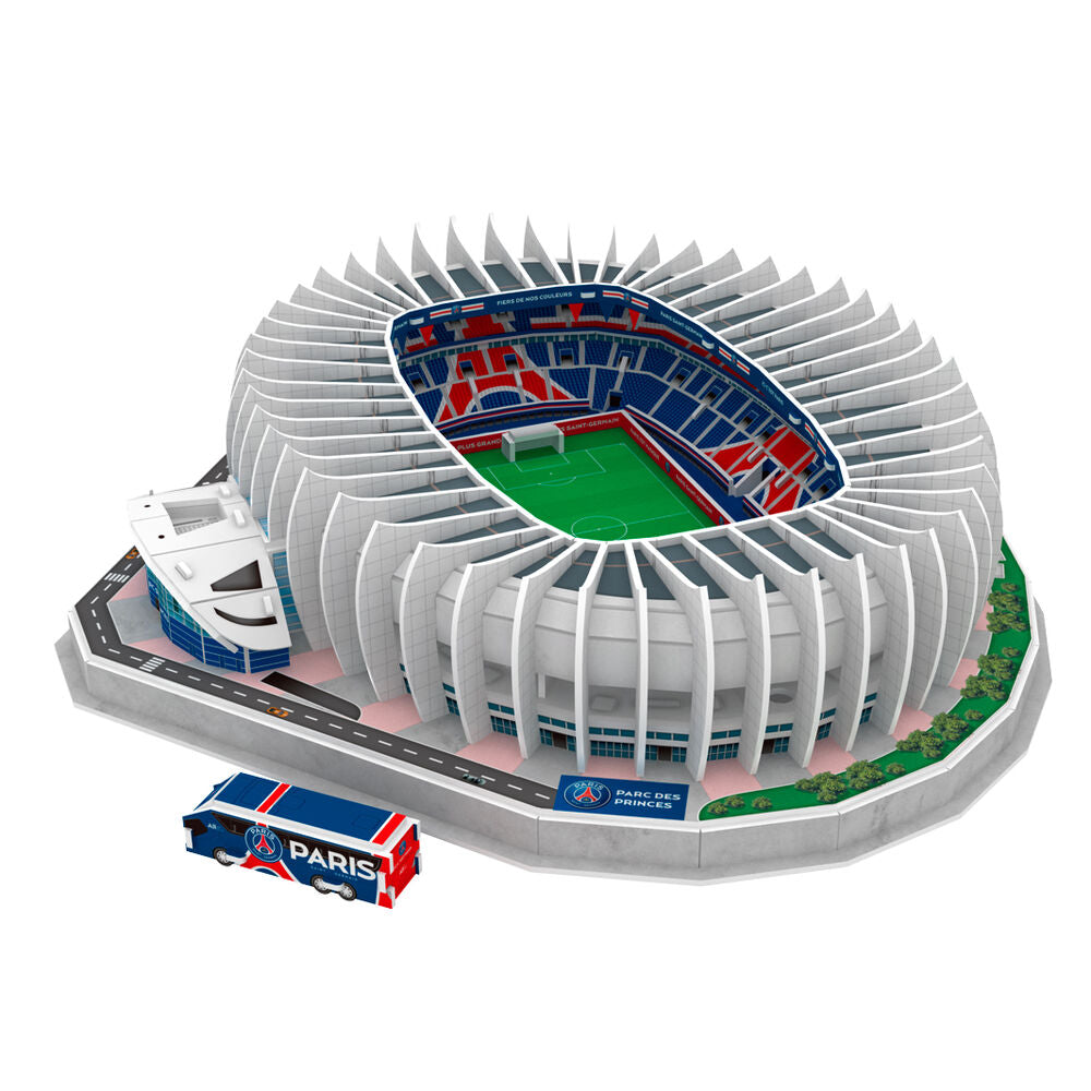 Parc des Princes PSG, 3D παζλ σταδίου με λευκή εξωτερική δομή και μπλε λεωφορείο PSG