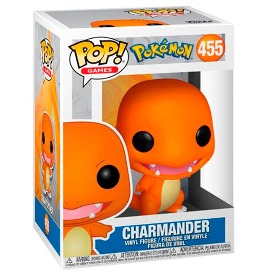 Funko Pop! Charmander #455, πορτοκαλί φιγούρα με ανοιχτό στόμα και κίτρινη κοιλιά μέσα στο κουτί
