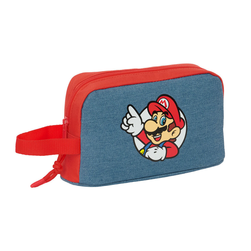 Super Mario τσαντάκι Safta πλαϊνή όψη, μπλε ύφασμα, κόκκινη ρίγα, Mario patch, κόκκινη λαβή