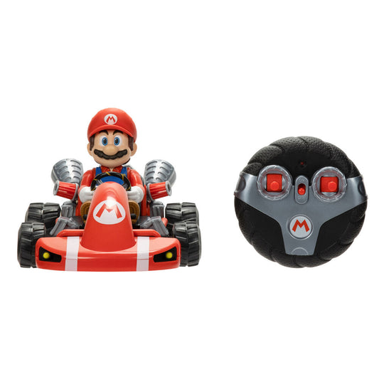 Super Mario Kart τηλεκατευθυνόμενο, κόκκινο kart με Mario, γκρι τηλεχειριστήριο τιμόνι M logo