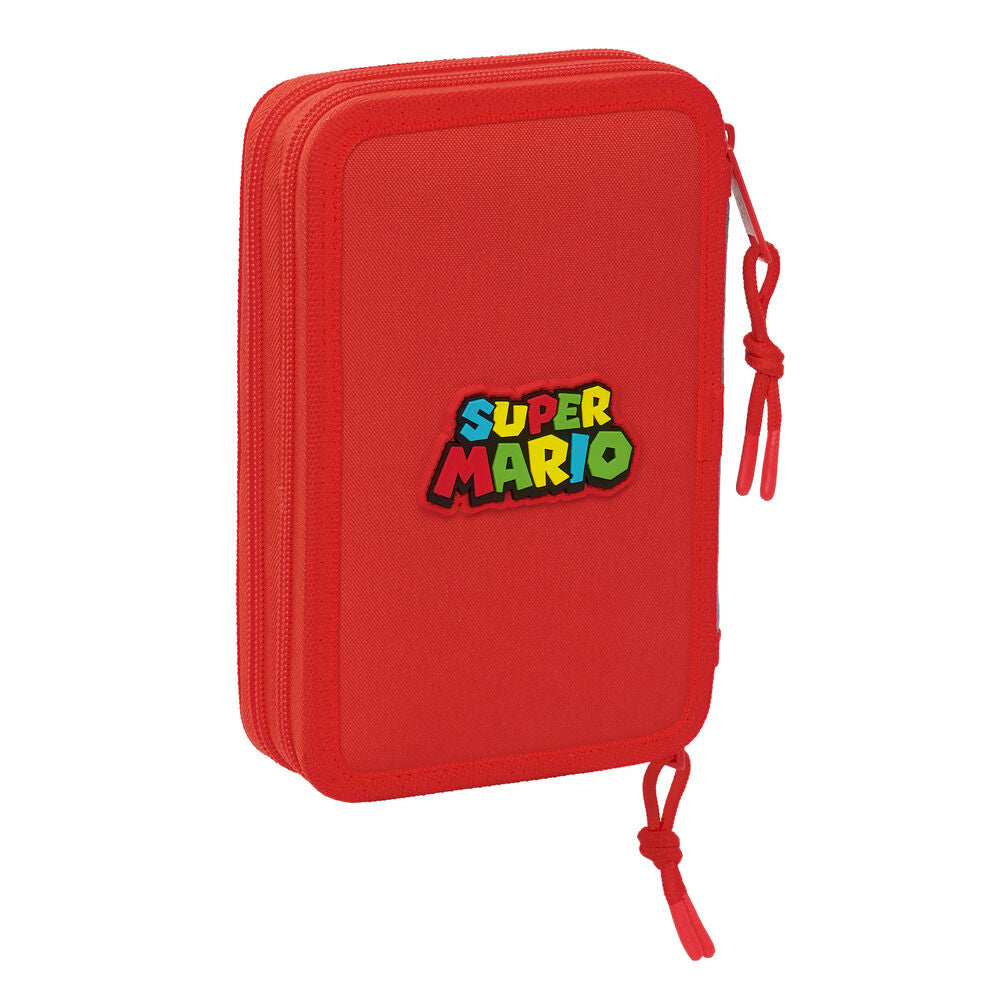 Super Mario κασετίνα Safta διπλή πίσω όψη, κόκκινο ύφασμα, Super Mario logo, κόκκινο φερμουάρ