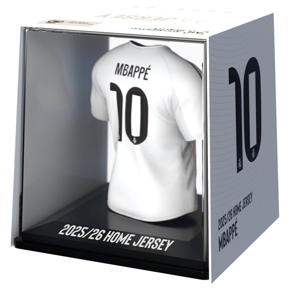 Mbappé #10 Real Madrid, μίνι φανέλα πίσω όψη σε ακρυλική θήκη με επιγραφή "2025/26 HOME JERSEY"