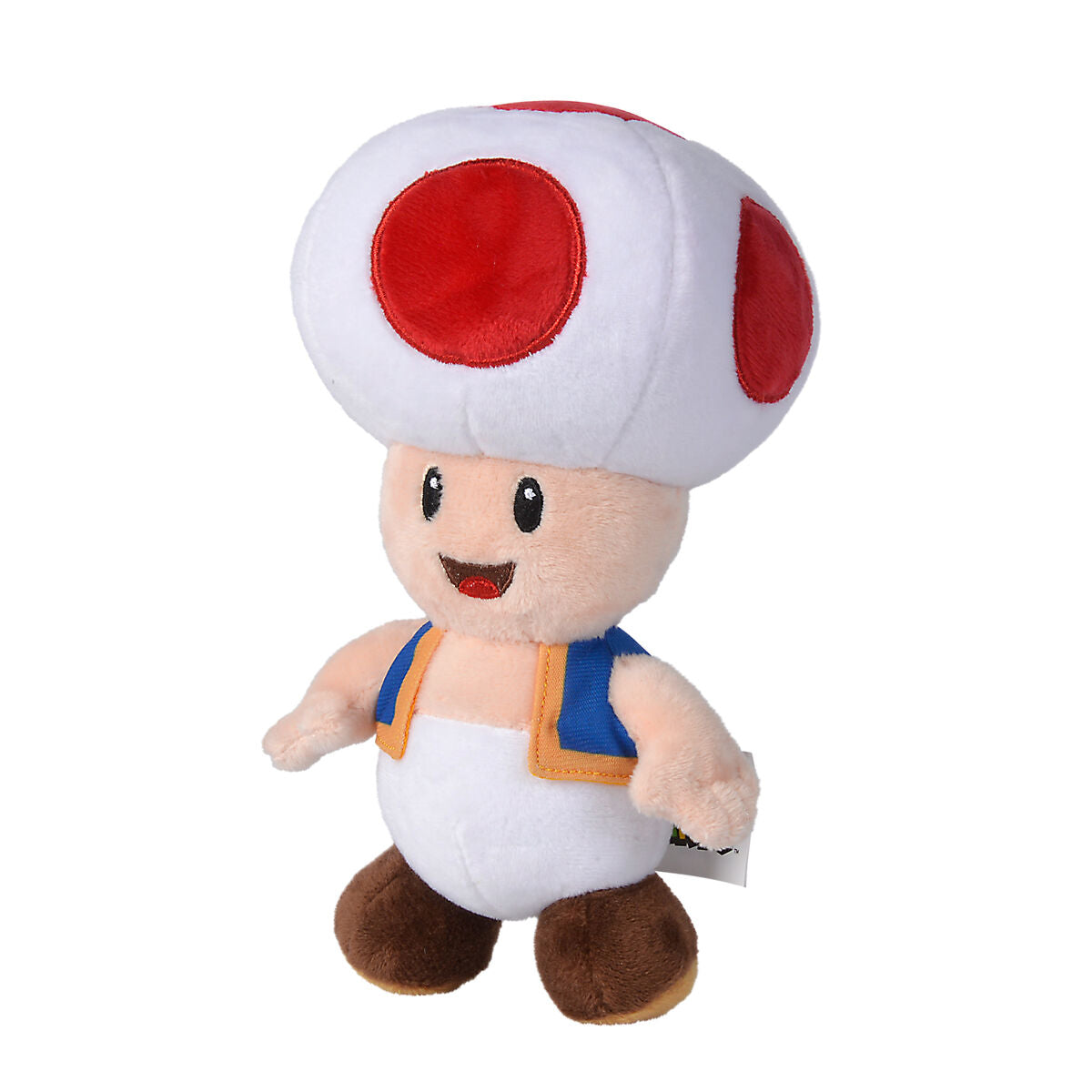 Toad λούτρινο παιχνίδι πλαϊνή όψη, λευκό καπέλο μανιταριού με κόκκινη κηλίδα, λευκή φόρμα, μπλε γιλέκο