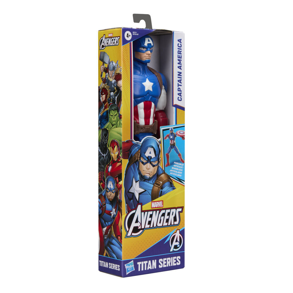 Φιγούρα Captain America Titan Series 30cm, μπλε στολή, κόκκινη ασπίδα, πλάγια όψη κουτιού Hasbro Avengers
