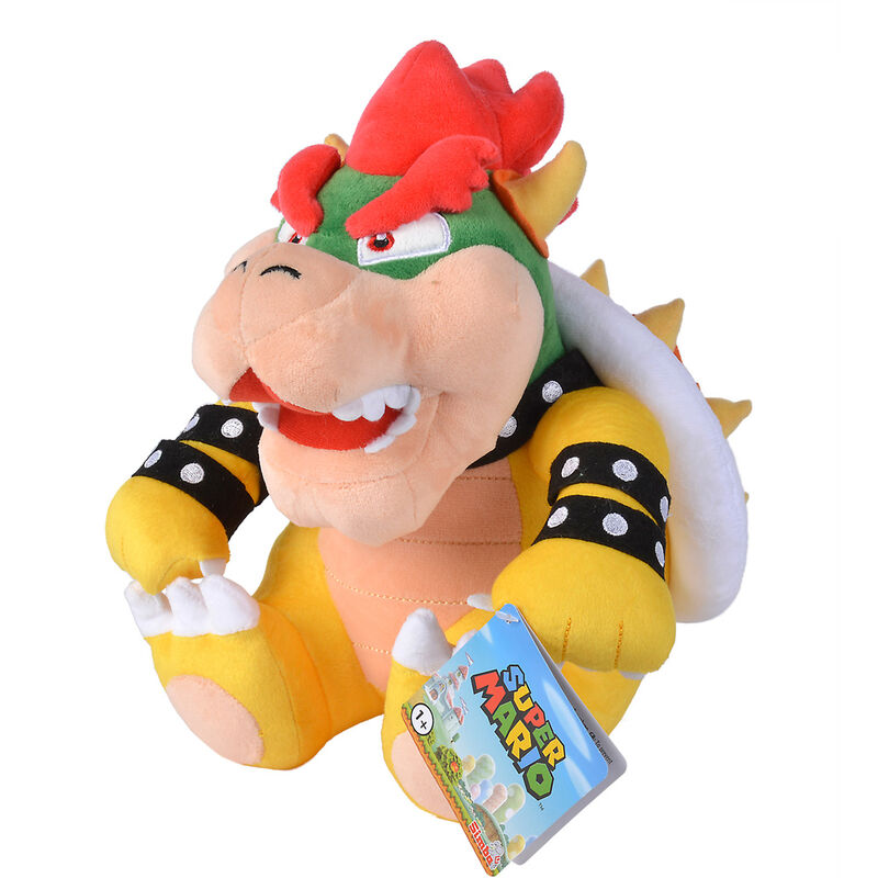 Bowser λούτρινο παιχνίδι, κίτρινο σώμα, κόκκινα μαλλιά, πράσινη μάσκα, μαύρα βραχιόλια, Super Mario tag