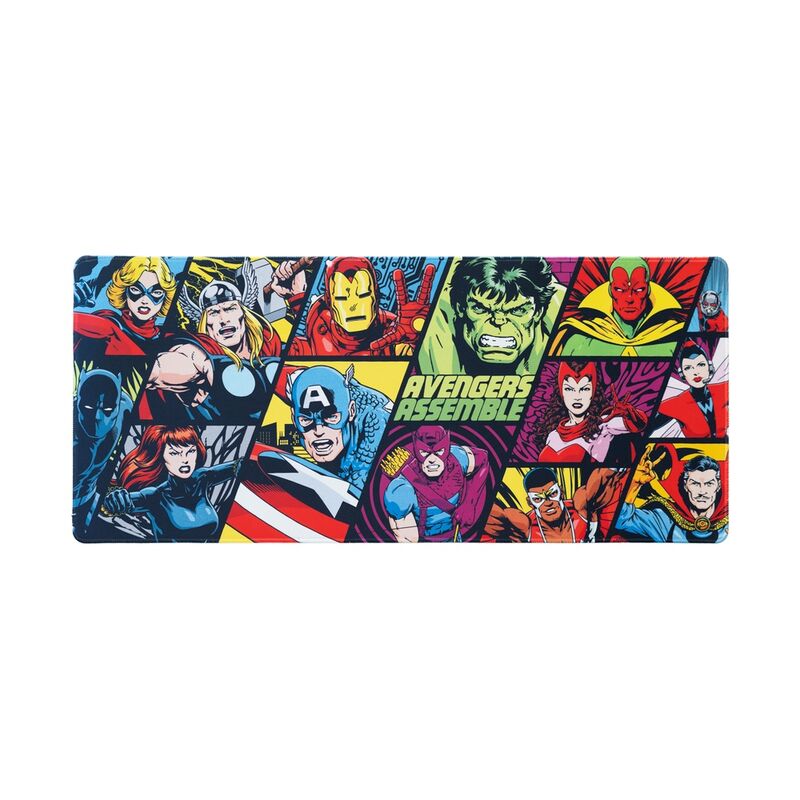 Gaming Mousepad Avengers Assemble 80x35cm, άνω όψη, κόμικ κολάζ Avengers, AVENGERS ASSEMBLE κείμενο