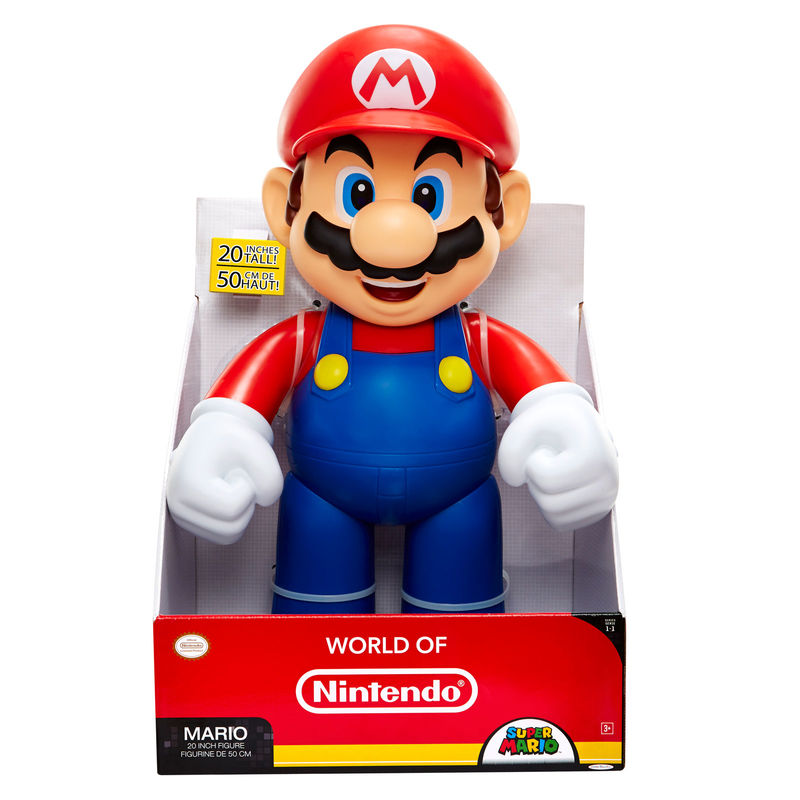 Super Mario φιγούρα 50cm μπροστινή όψη, κόκκινο καπέλο με M, μπλε φόρμα, κόκκινη μπλούζα, World of Nintendo κουτί 