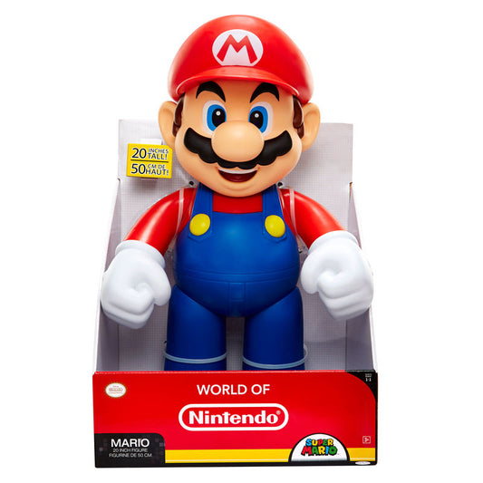 Super Mario φιγούρα 50cm μπροστινή όψη, κόκκινο καπέλο με M, μπλε φόρμα, κόκκινη μπλούζα, World of Nintendo κουτί 