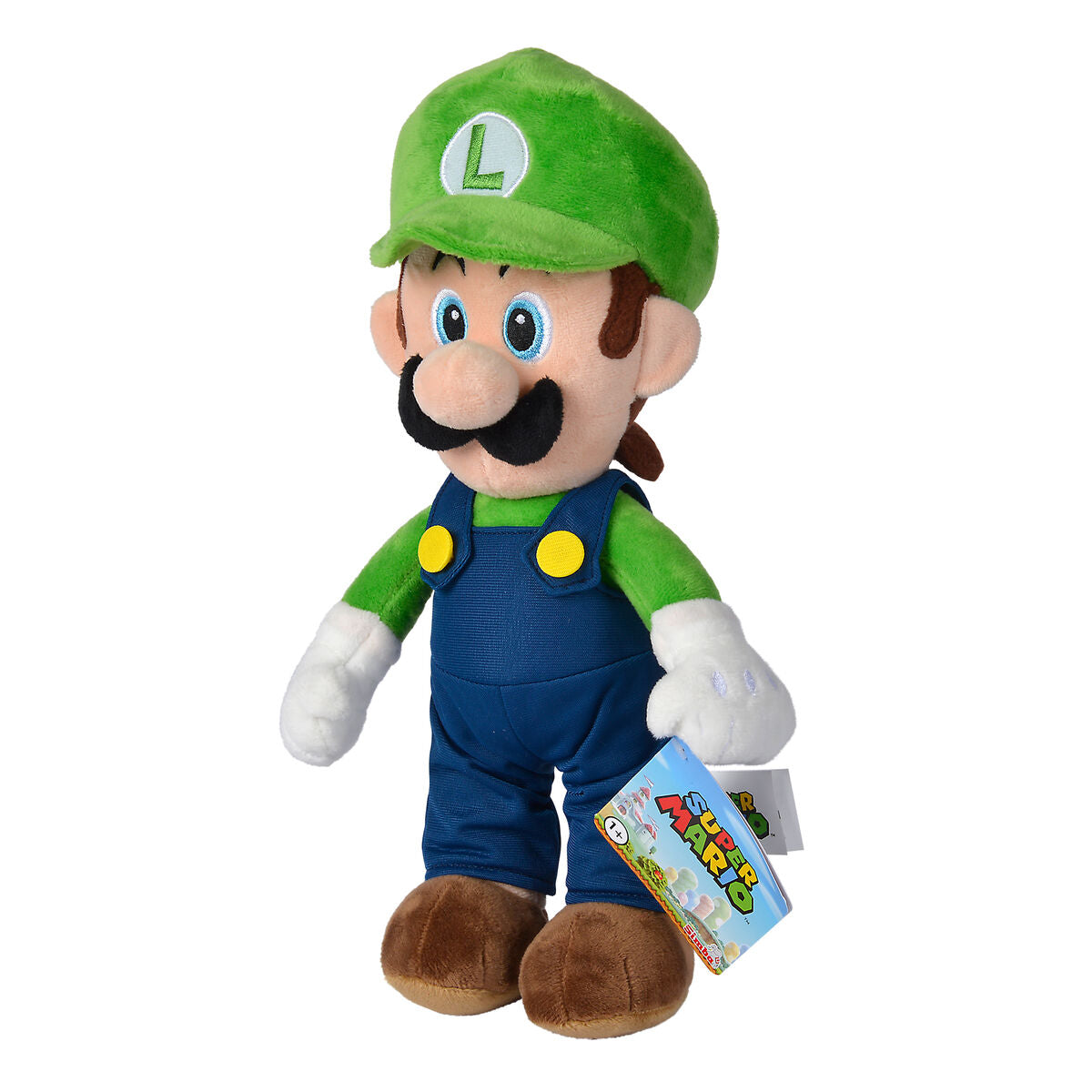 Luigi λούτρινο παιχνίδι πλαϊνή όψη, πράσινο καπέλο με L, πράσινη μπλούζα, μπλε φόρμα, Super Mario Simba tag