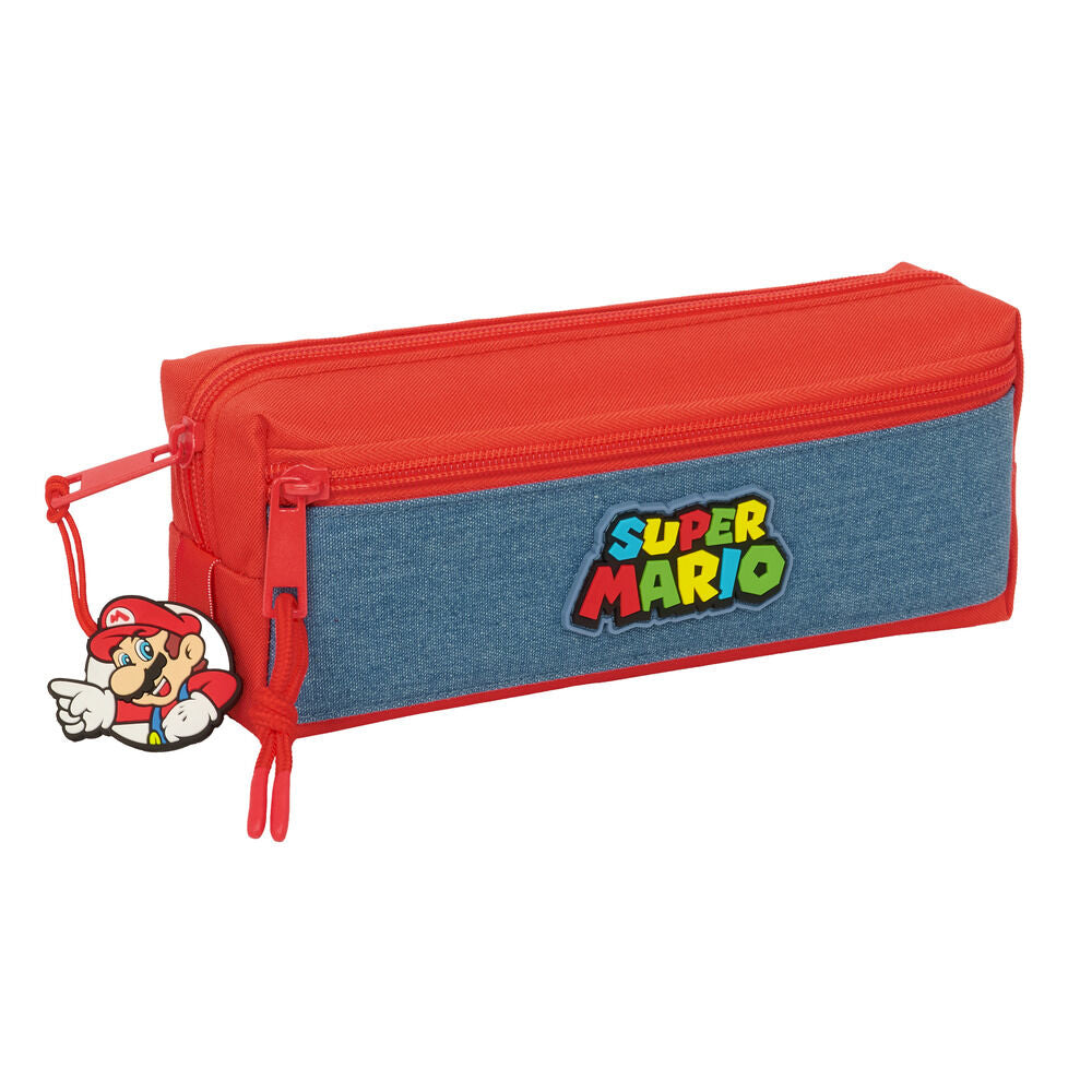 Super Mario κασετίνα διπλή μπροστινή όψη, κόκκινο και μπλε ύφασμα, Super Mario logo, καουτσούκ μενταγιόν Mario