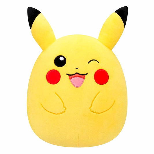 Λούτρινο Pokémon Pikachu κίτρινο με κλειστό μάτι, ανοιχτό στόμα και κόκκινα μάγουλα, μπροστινή όψη