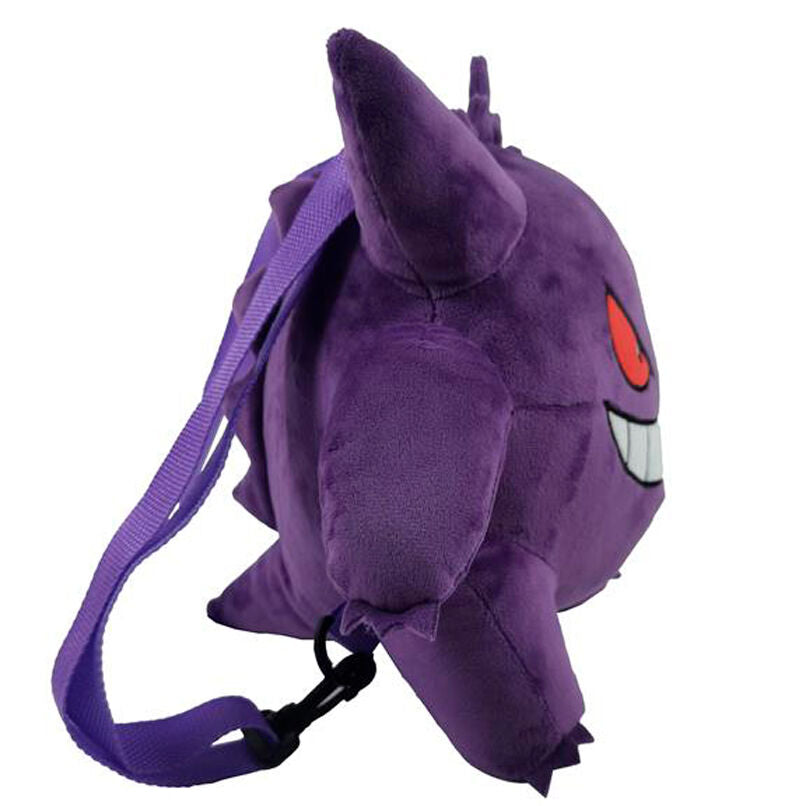 Λούτρινη τσάντα πλάτης Pokémon Gengar, πλαϊνή όψη με κόκκινο μάτι και μωβ λουράκι