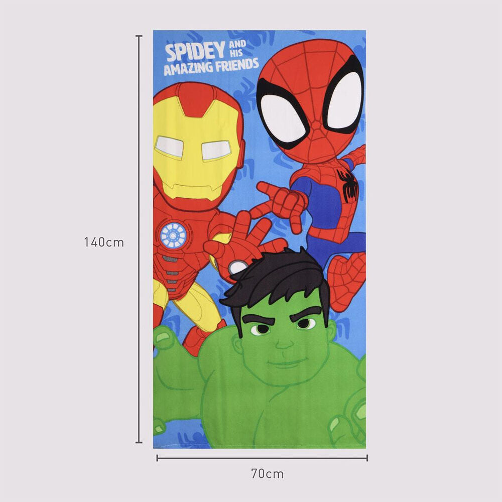 Πετσέτα Θαλάσσης Spidey & Friends 70x140cm, ανοιχτή με διαστάσεις, Spidey Iron Man Hulk