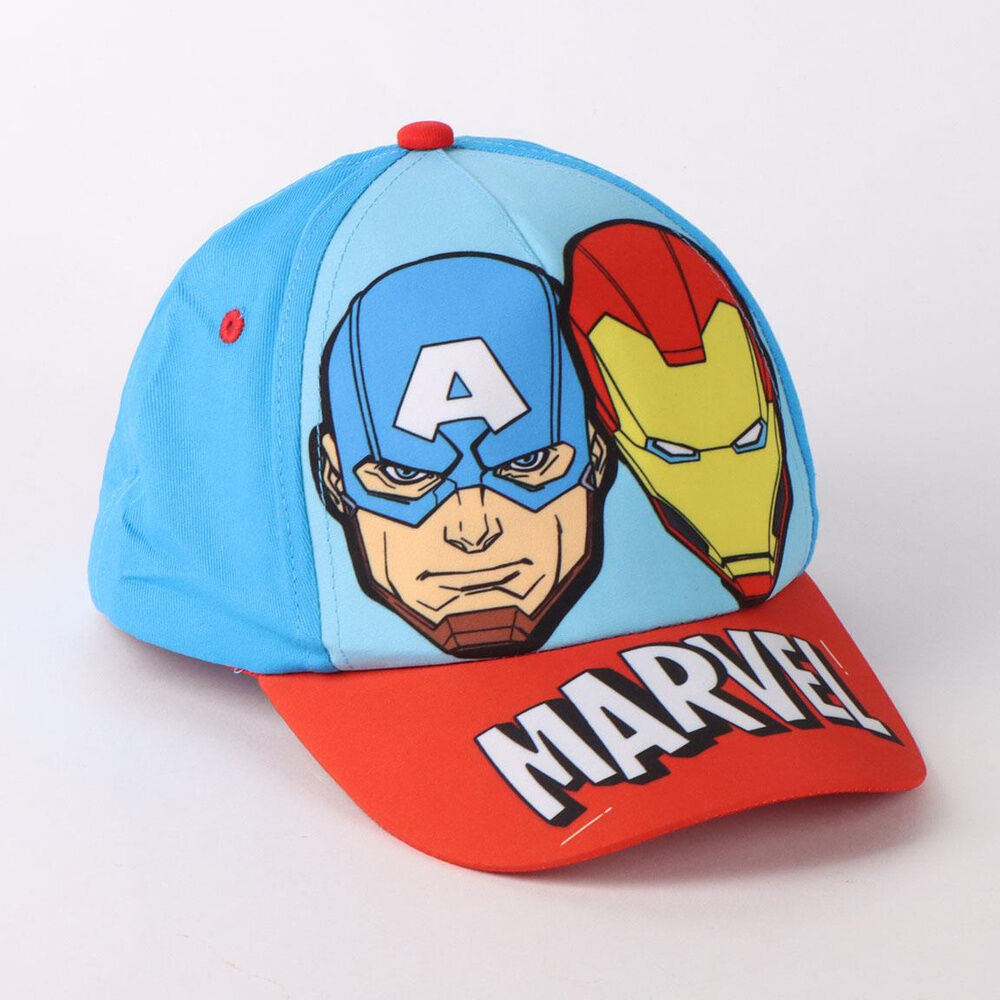 Σετ Παραλίας Avengers, καπέλο γαλάζιο κόκκινο γείσο, Captain America Iron Man πρόσωπα, MARVEL κείμενο