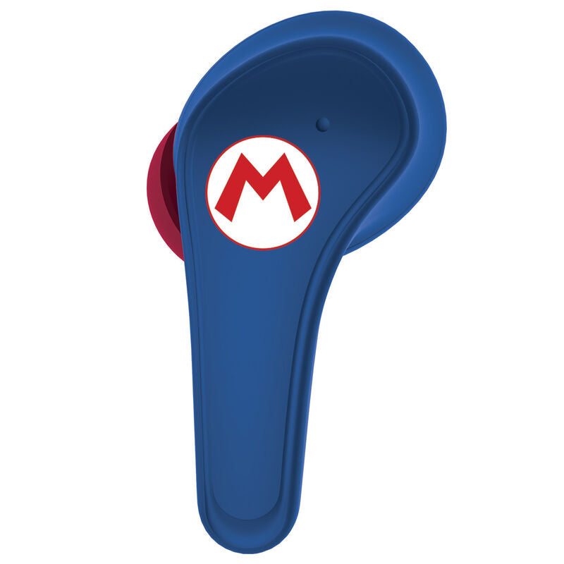 Super Mario ασύρματο ακουστικό κοντινό, μπλε χρώμα, κόκκινο M logo, κόκκινη λεπτομέρεια