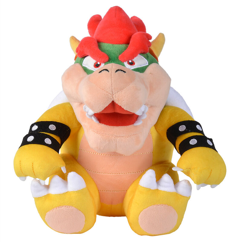Bowser λούτρινο παιχνίδι μπροστινή όψη, κίτρινο σώμα, κόκκινα μαλλιά, πράσινη μάσκα, μαύρα βραχιόλια
