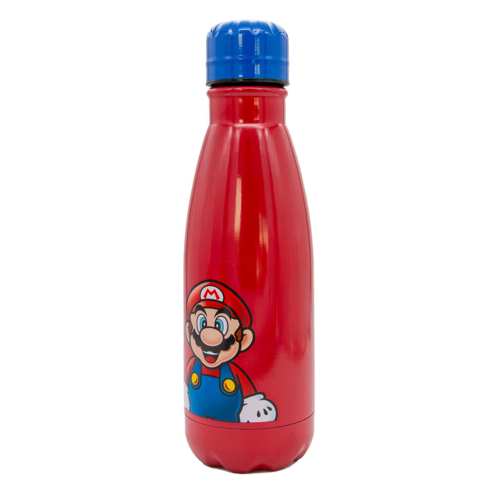 Super Mario ανοξείδωτο παγούρι πλαϊνή όψη, κόκκινο σώμα, μπλε καπάκι, Mario μέχρι τη μέση