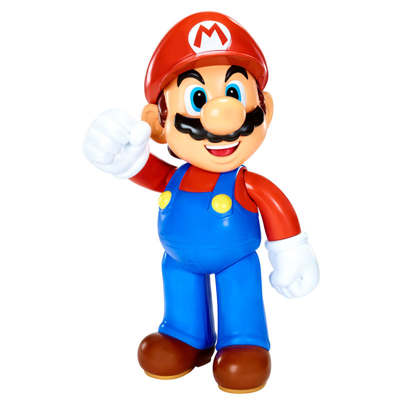 Super Mario φιγούρα 50cm, κόκκινο καπέλο με M, μπλε φόρμα, κόκκινη μπλούζα, λευκά γάντια, χέρι ψηλά 
