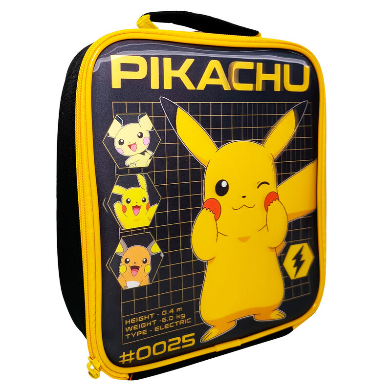 Τσάντα φαγητού Pokémon μαύρη, πλαϊνή όψη με Pikachu που κλείνει το μάτι, Pichu, Raichu και κίτρινο φερμουάρ