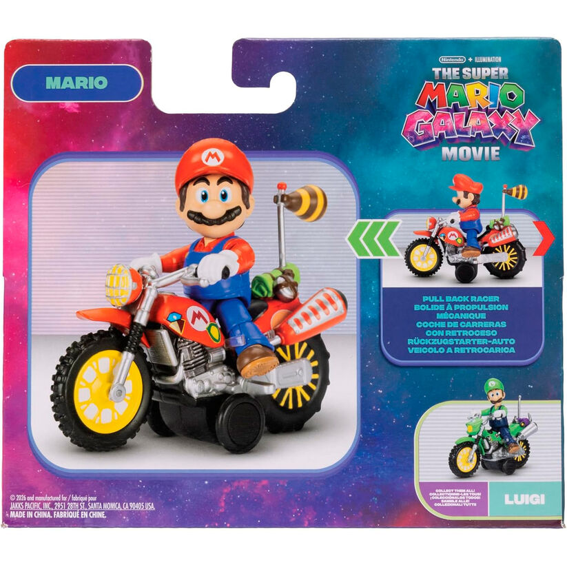 Super Mario Galaxy Movie Pull Back Racer κουτί, Mario σε κόκκινη μοτοσικλέτα, κίτρινες ζάντες
