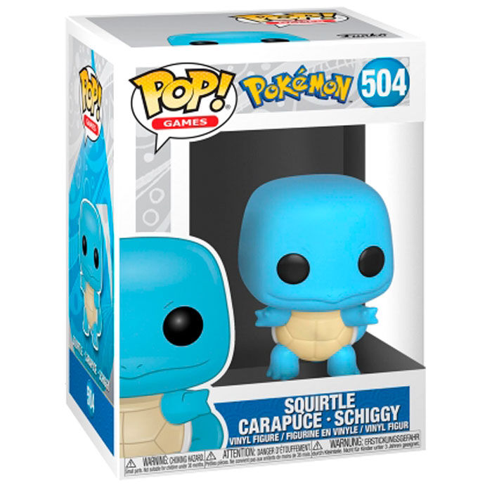 Funko Pop! Squirtle #504, γαλάζια φιγούρα με κρεμ κοιλιά μέσα στο κουτί, πλαϊνή γωνία