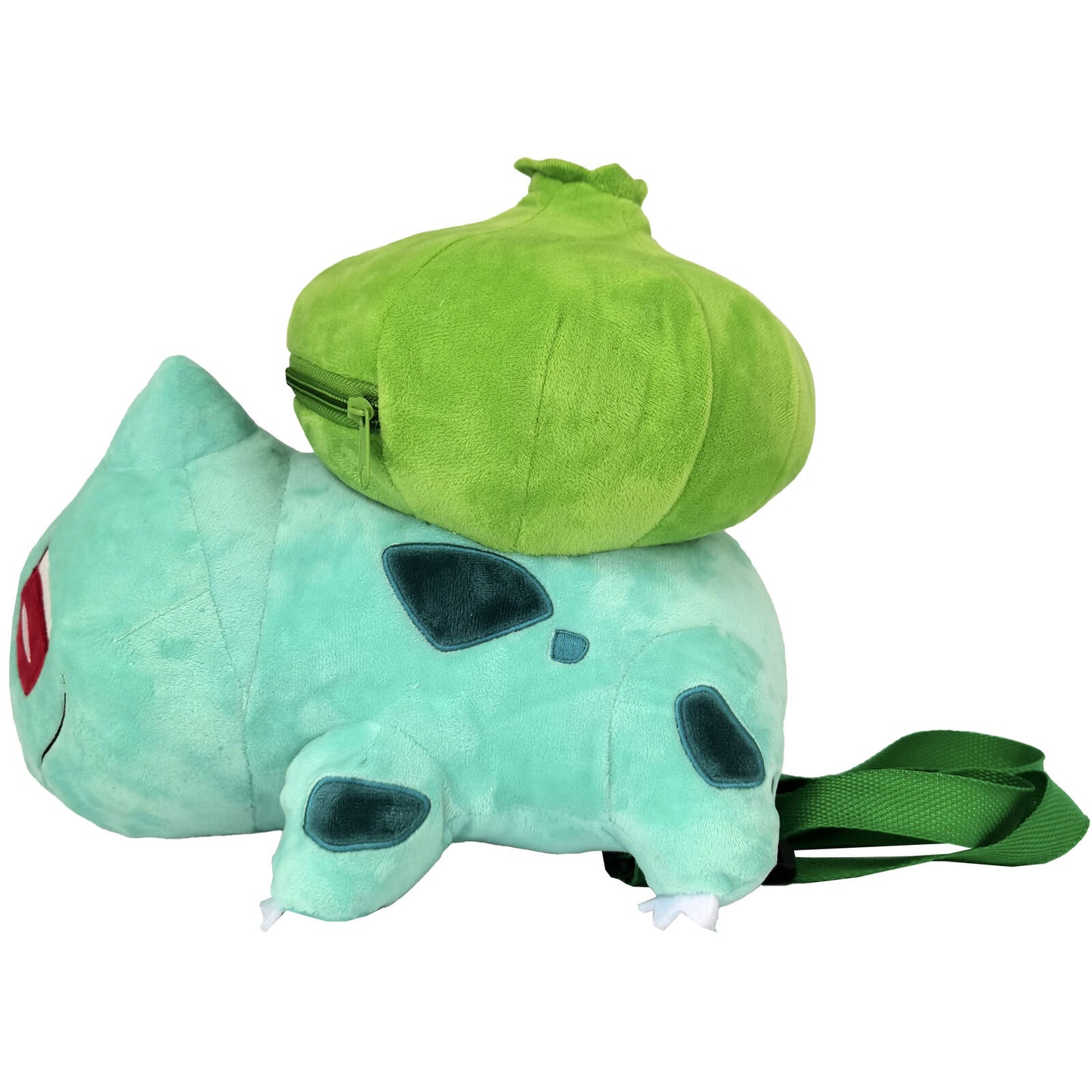 Λούτρινη τσάντα πλάτης Pokémon Bulbasaur, πλαϊνή όψη με πράσινο βολβό και φερμουάρ