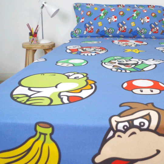  Super Mario παιδικό σετ κλινοσκεπασμάτων σε κρεβάτι, μπλε φόντο, Yoshi Donkey Kong Luigi, μπανάνες 