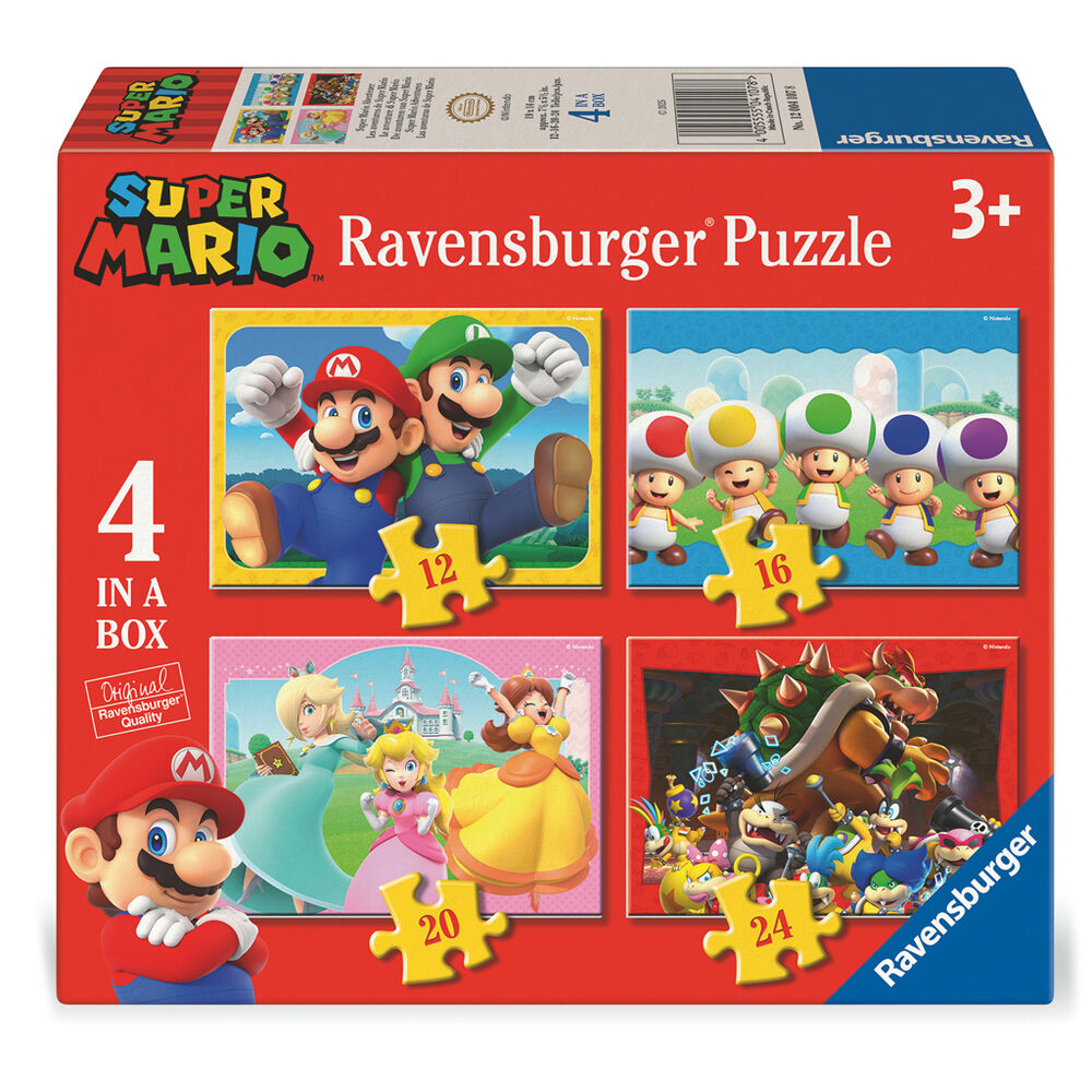 Super Mario παζλ 4 in a Box μπροστινή όψη, κόκκινο κουτί, Mario Luigi Peach Bowser Toad, 12-16-20-24 κομμάτια 