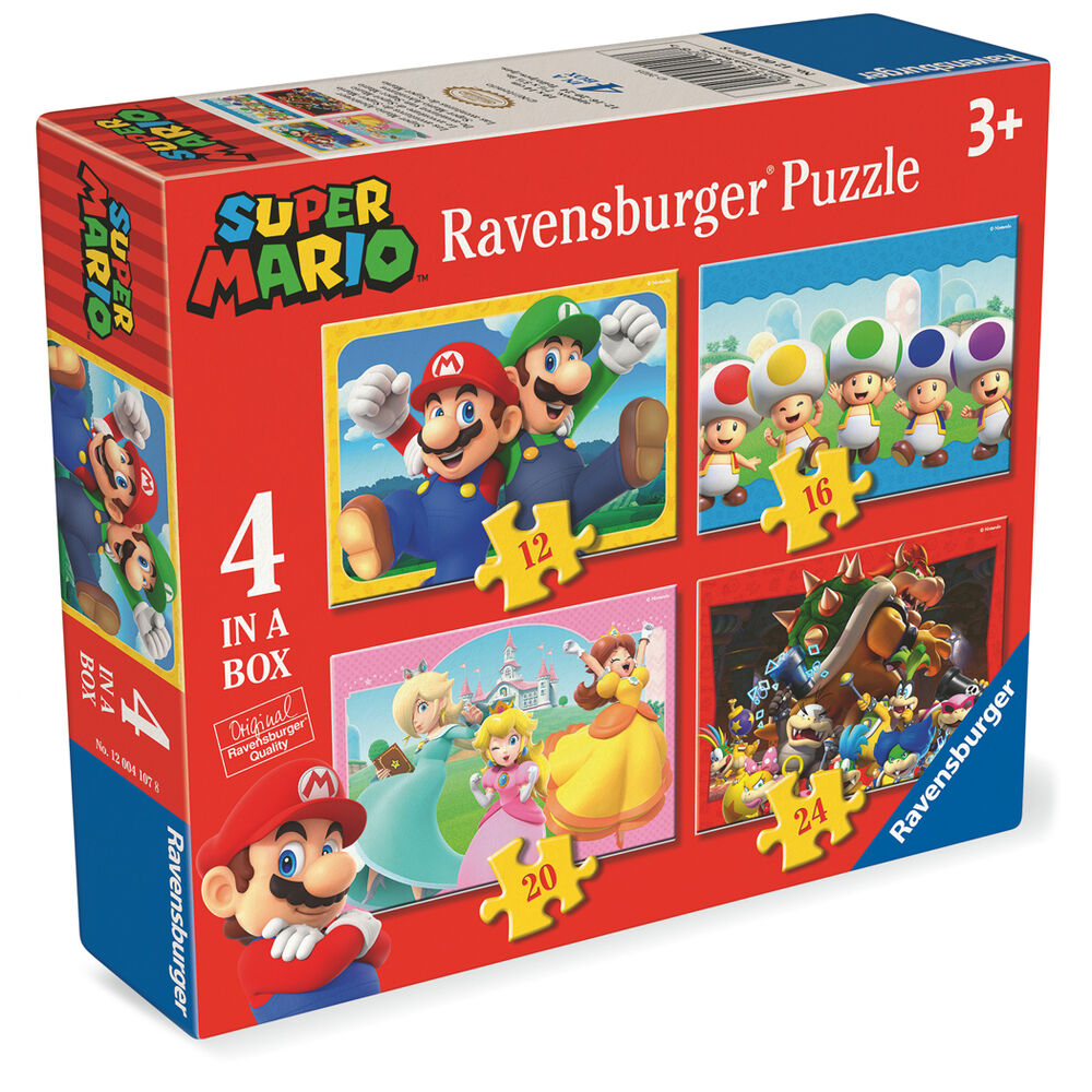 Super Mario παζλ 4 in a Box πλαϊνή όψη, κόκκινο κουτί, Mario Luigi Peach Bowser Toad, 12-16-20-24 κομμάτια