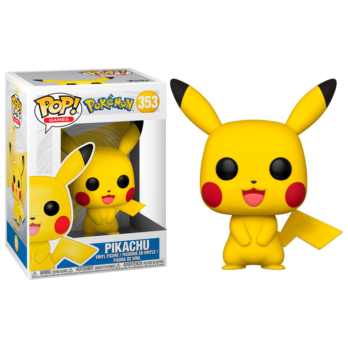 Funko Pop! Pokémon Pikachu #353 δίπλα στο κουτί του, κίτρινη φιγούρα με ανοιχτό στόμα
