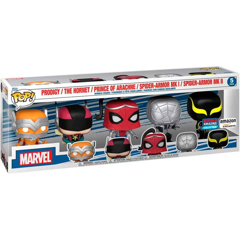 Funko Pop Spider-Man Beyond Amazing 5-Pack, κουτί, Prodigy Hornet Prince of Arachne Spider-Armor MK I MK II