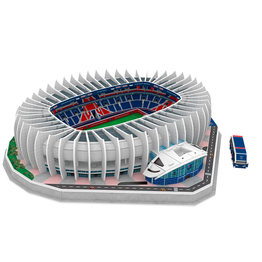 Parc des Princes PSG, 3D παζλ σταδίου σε γωνιακή λήψη με λευκή δομή και μπλε λεωφορείο PSG