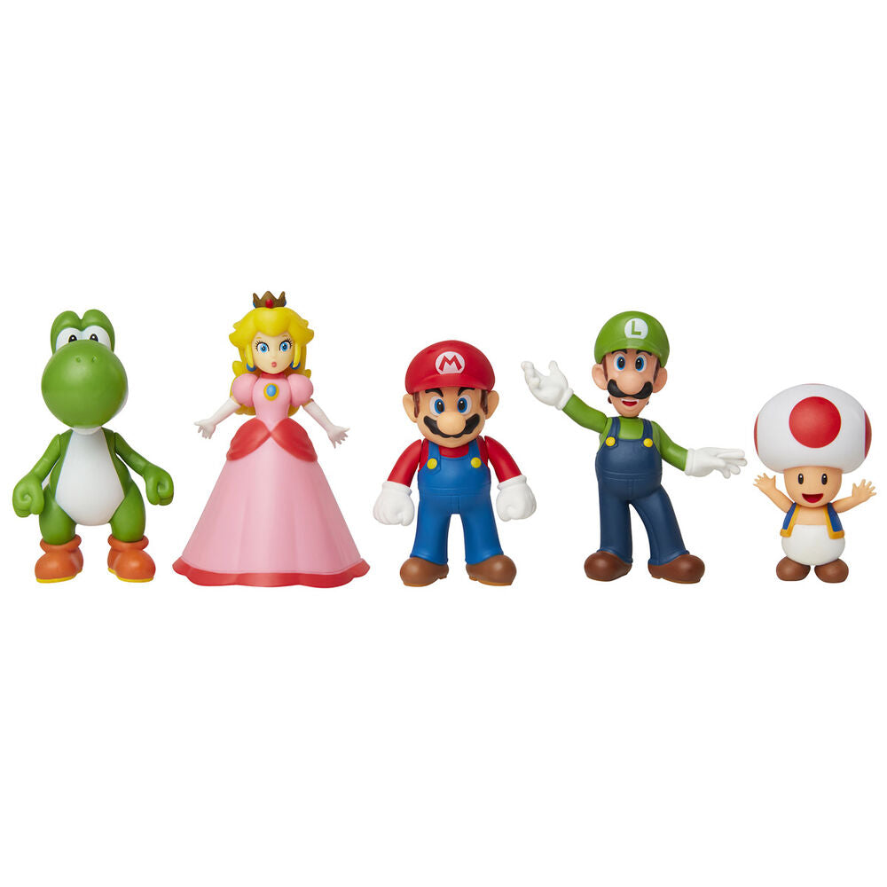 Super Mario 5 φιγούρες, Yoshi Peach Mario Luigi Toad σε σειρά, λευκό φόντο