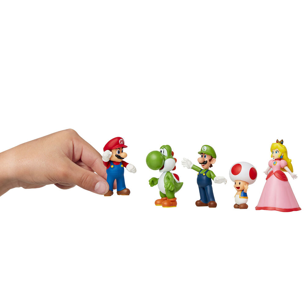 Super Mario 5 φιγούρες μέγεθος σύγκριση, χέρι κρατά Mario, Yoshi Luigi Toad Peach δίπλα
