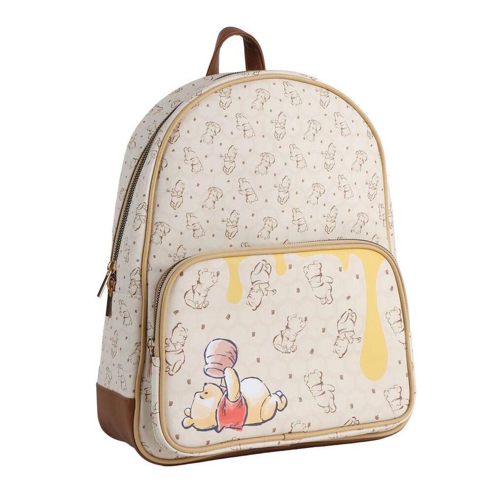 Winnie the Pooh σακίδιο πλάτης εκρού, πλάγια όψη, μπροστινή τσέπη φερμουάρ και καφέ δερματίνη
