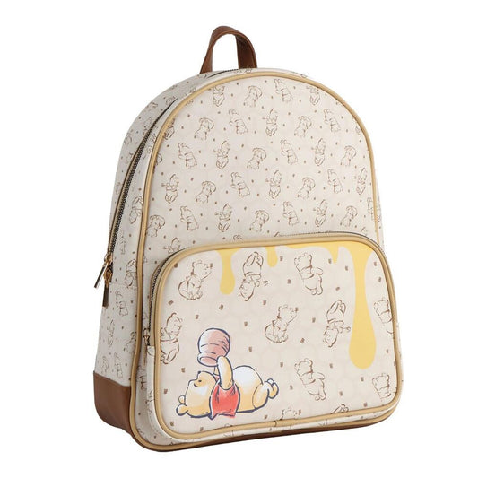 Winnie the Pooh σακίδιο πλάτης εκρού, πλάγια όψη, μπροστινή τσέπη φερμουάρ και καφέ δερματίνη