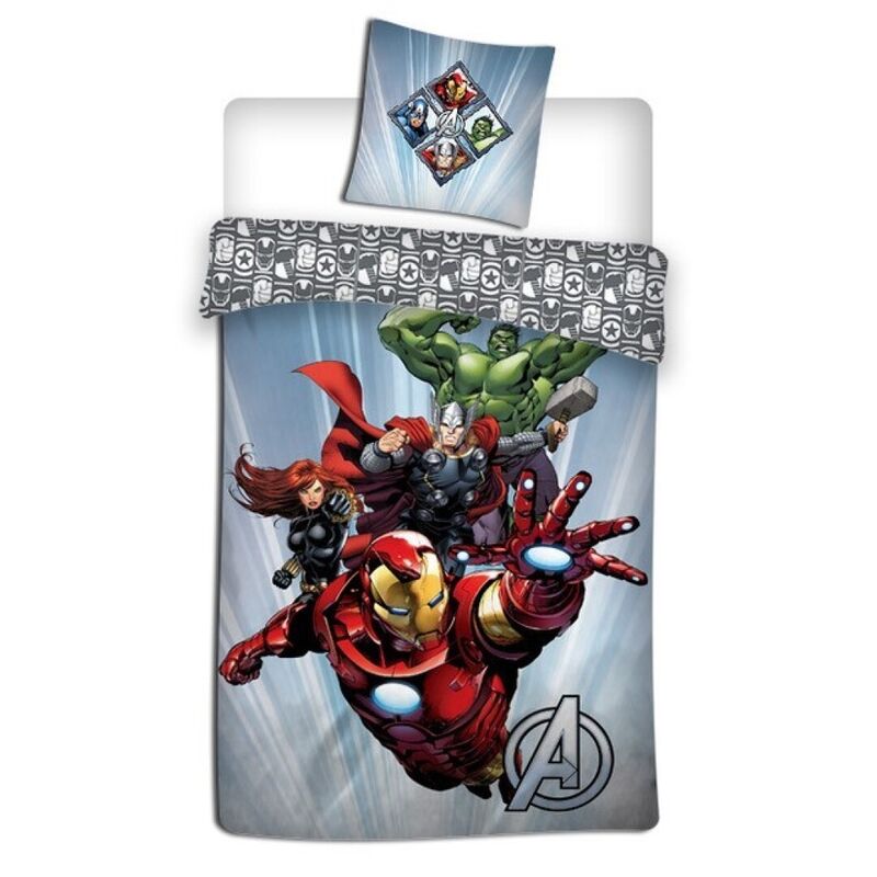 Παπλωματοθήκη Avengers 140x200cm, Iron Man Thor Black Widow Hulk δράση, Avengers A logo, μαξιλαροθήκη ηρώων