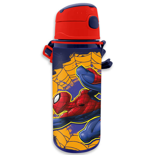 Παγούρι Spider-Man 600ml, σκούρο μπλε, Spider-Man κίτρινος ιστός, κόκκινο πώμα καλαμάκι, μπλε ιμάντας