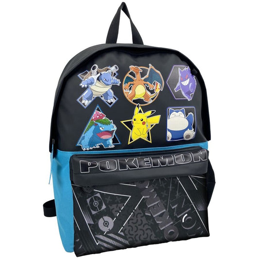 Τσάντα πλάτης Pokémon μαύρη με Blastoise, Charizard, Gengar, Venusaur, Pikachu και Snorlax, μπροστινή όψη