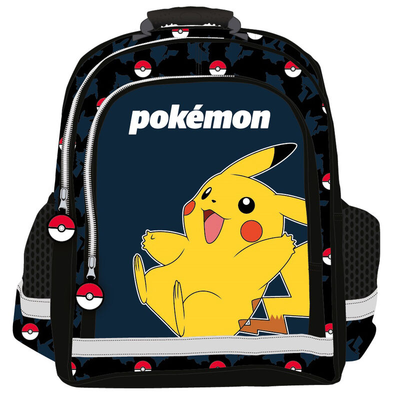 Τσάντα πλάτης Pokémon μαύρη με Pikachu με ανοιχτό στόμα, κείμενο pokémon και σχέδια Pokeball