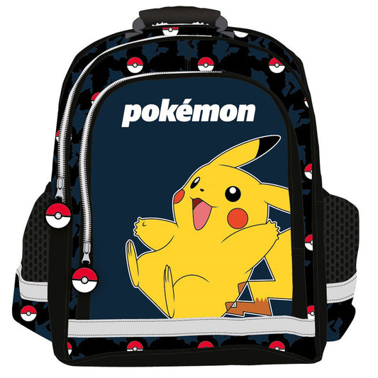 Τσάντα πλάτης Pokémon μαύρη με Pikachu με ανοιχτό στόμα, κείμενο pokémon και σχέδια Pokeball