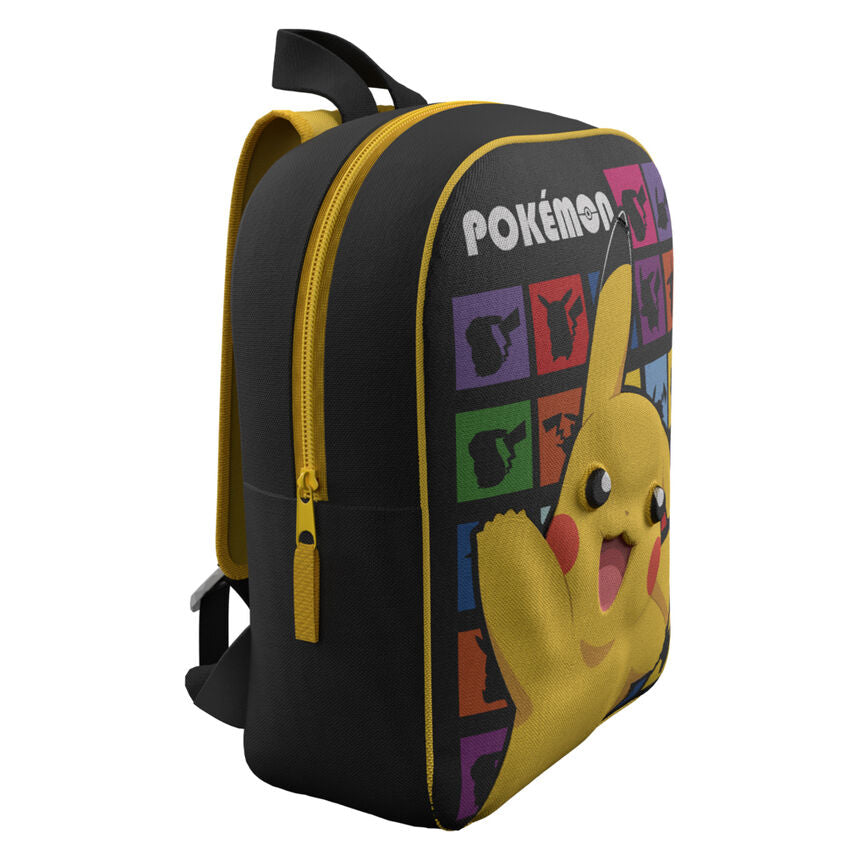 Τσάντα πλάτης Pokémon μαύρη με Pikachu και πολύχρωμα τετράγωνα με σκιές, κίτρινο φερμουάρ, αριστερή όψη