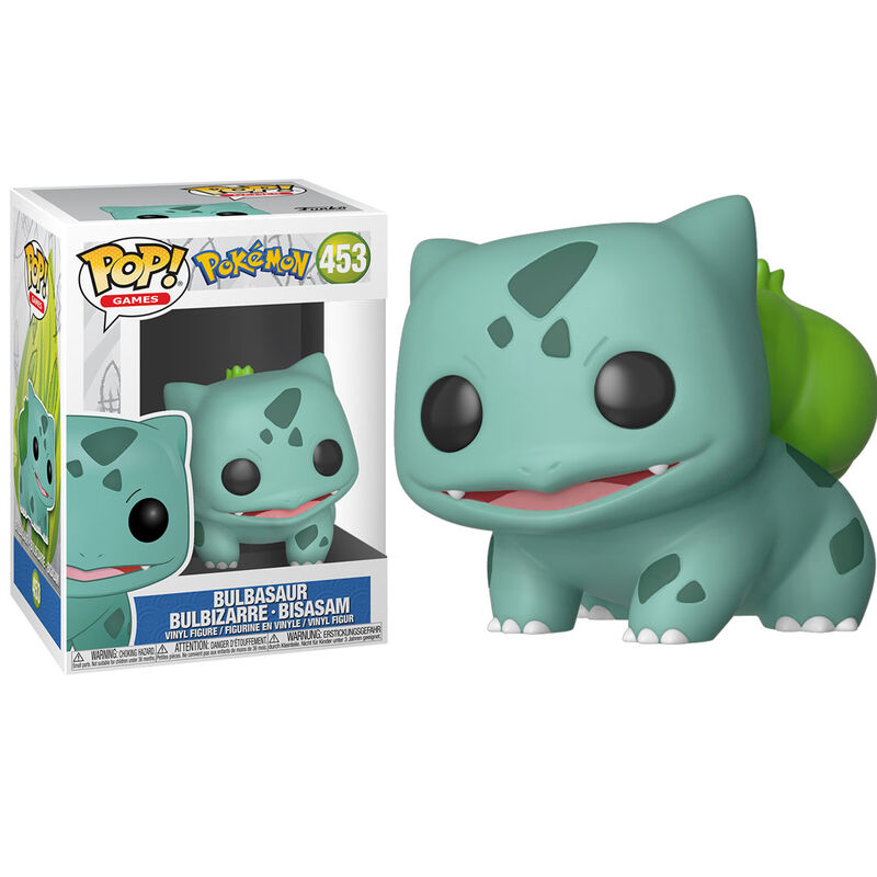 Funko Pop! Bulbasaur #453, τιρκουάζ φιγούρα με ανοιχτό στόμα και πράσινο βολβό στην πλάτη δίπλα στο κουτί