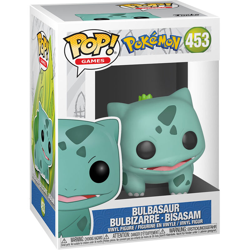 Funko Pop! Bulbasaur #453, τιρκουάζ φιγούρα με ανοιχτό στόμα και πράσινο βολβό μέσα στο κουτί
