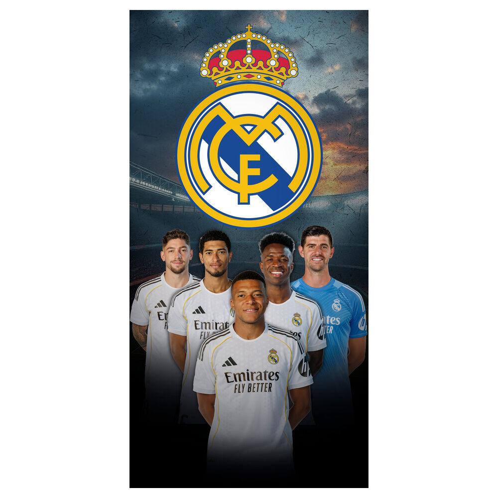 Real Madrid C.F., πετσέτα με έμβλημα και παίκτες Mbappé, Bellingham, Valverde, Vinicius, Courtois