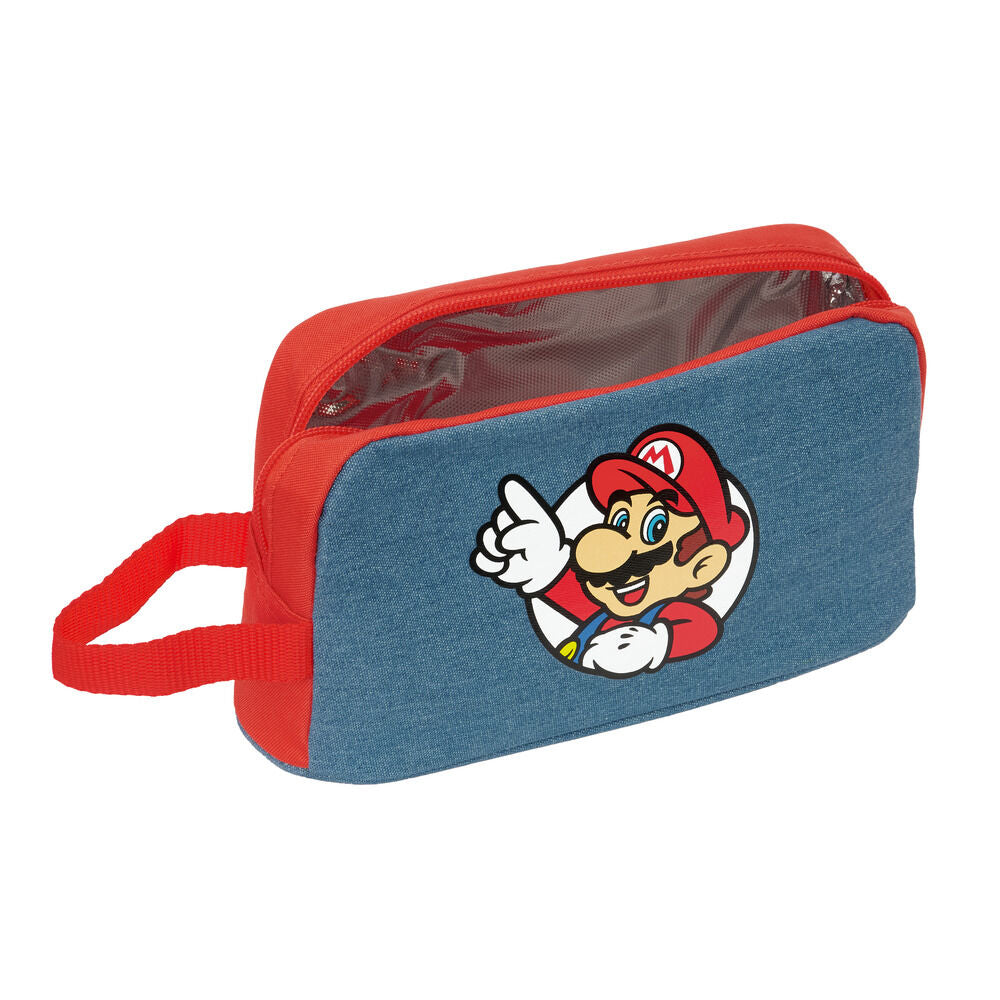 Super Mario τσαντάκι ανοιχτό, μπλε ύφασμα, κόκκινη ρίγα, Mario patch, κόκκινη λαβή

