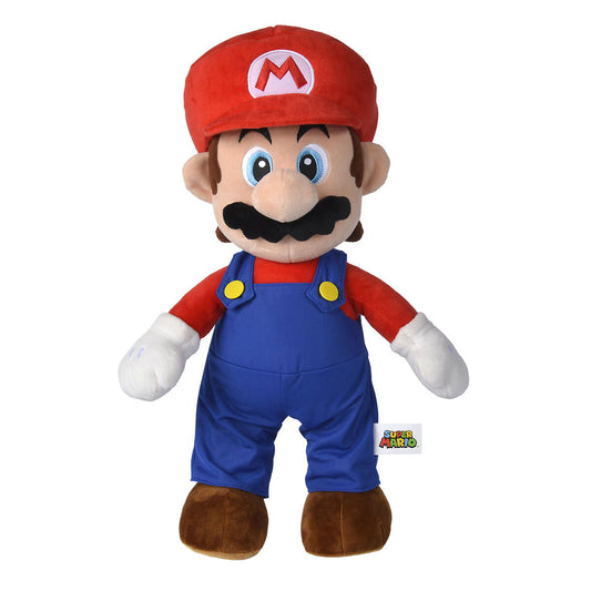 Super Mario λούτρινο παιχνίδι, κόκκινη μπλούζα, μπλε φόρμα, κόκκινο καπέλο με M, μαύρο μουστάκι, λευκά γάντια